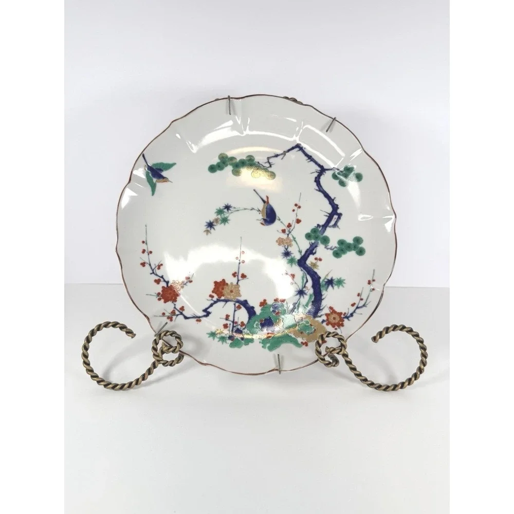 VTG Arita Kakiemon style Porcelain Plate W/ Bird & Blossom Tree Scalloped Edge